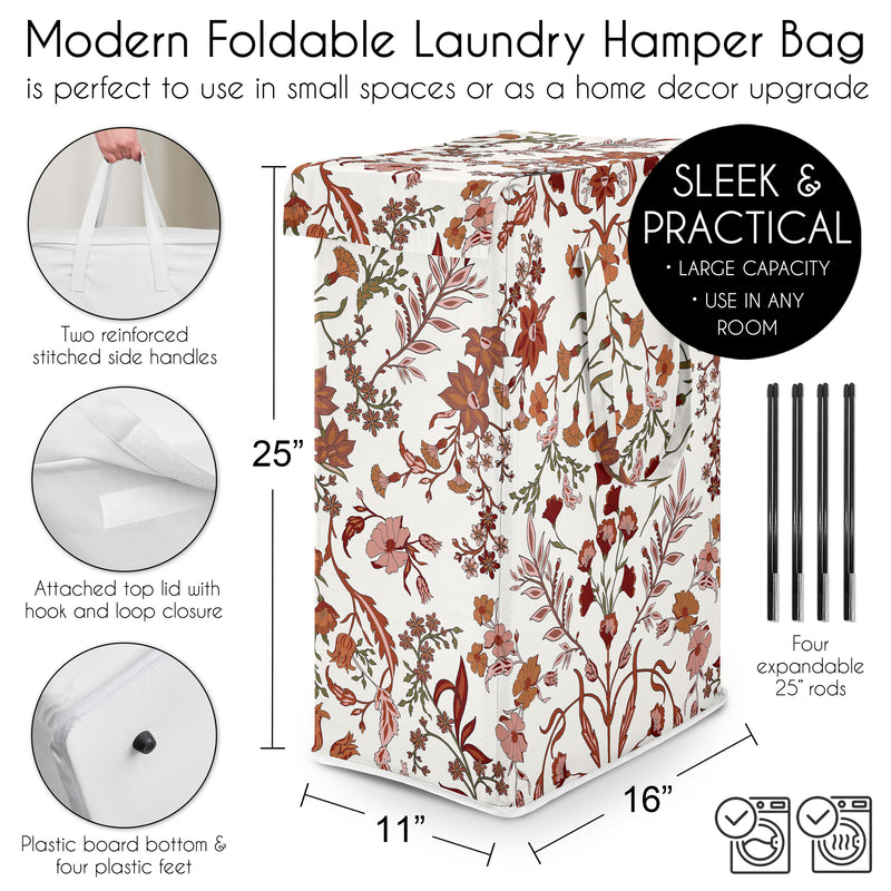 Boho Floral Wildflower Rust Orange and Ivory Collection Laundry Hamper with Handles