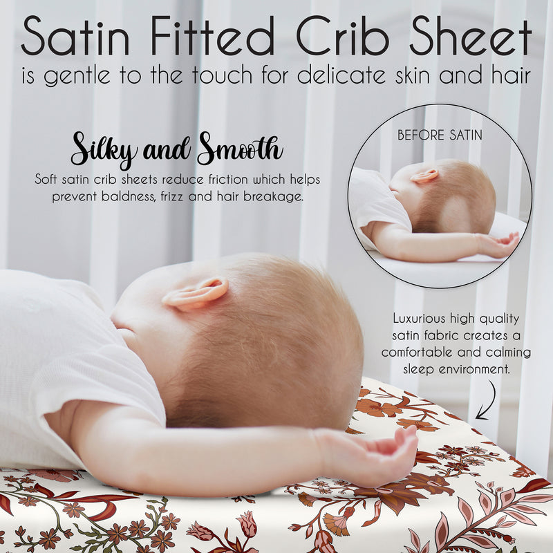 Boho Floral Wildflower Rust Orange and Ivory Collection Satin Fitted Crib Sheet