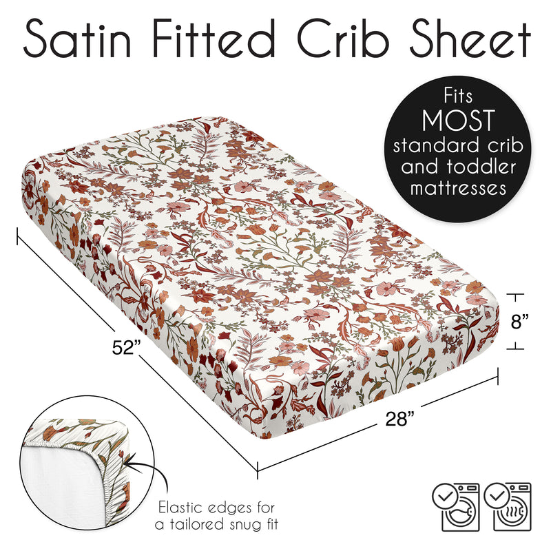 Boho Floral Wildflower Rust Orange and Ivory Collection Satin Fitted Crib Sheet
