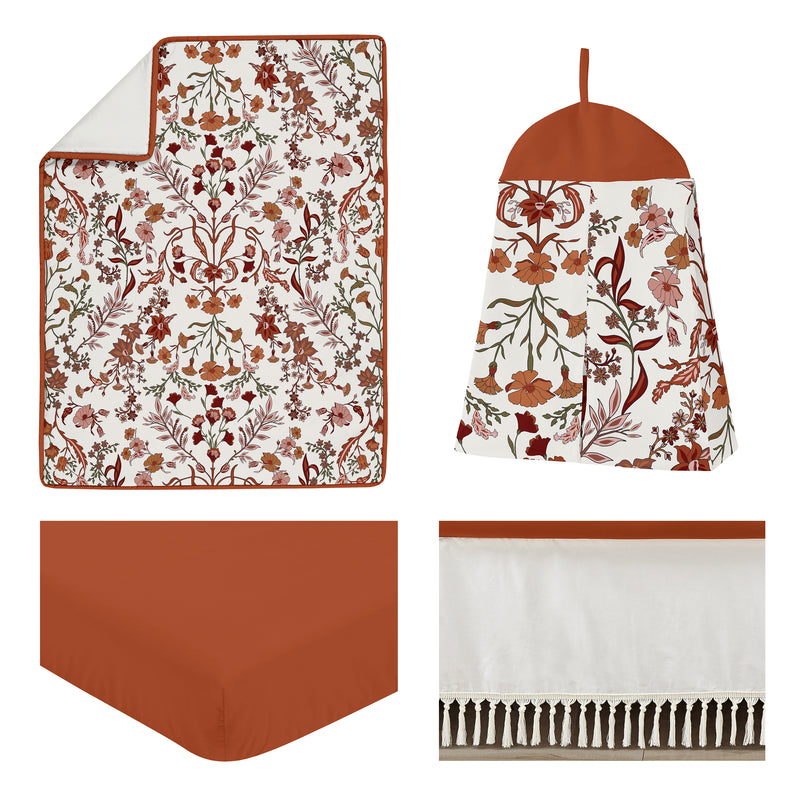 Boho Floral Wildflower Rust Orange and Ivory Collection 4 Piece Crib Bedding
