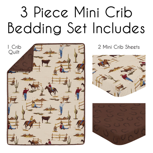 Wild West Cowboy Collection 3 Piece Mini Crib Bedding Set - Horseshoe Print