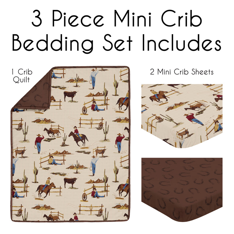 Wild West Cowboy Collection 3 Piece Mini Crib Bedding Set - Horseshoe Print