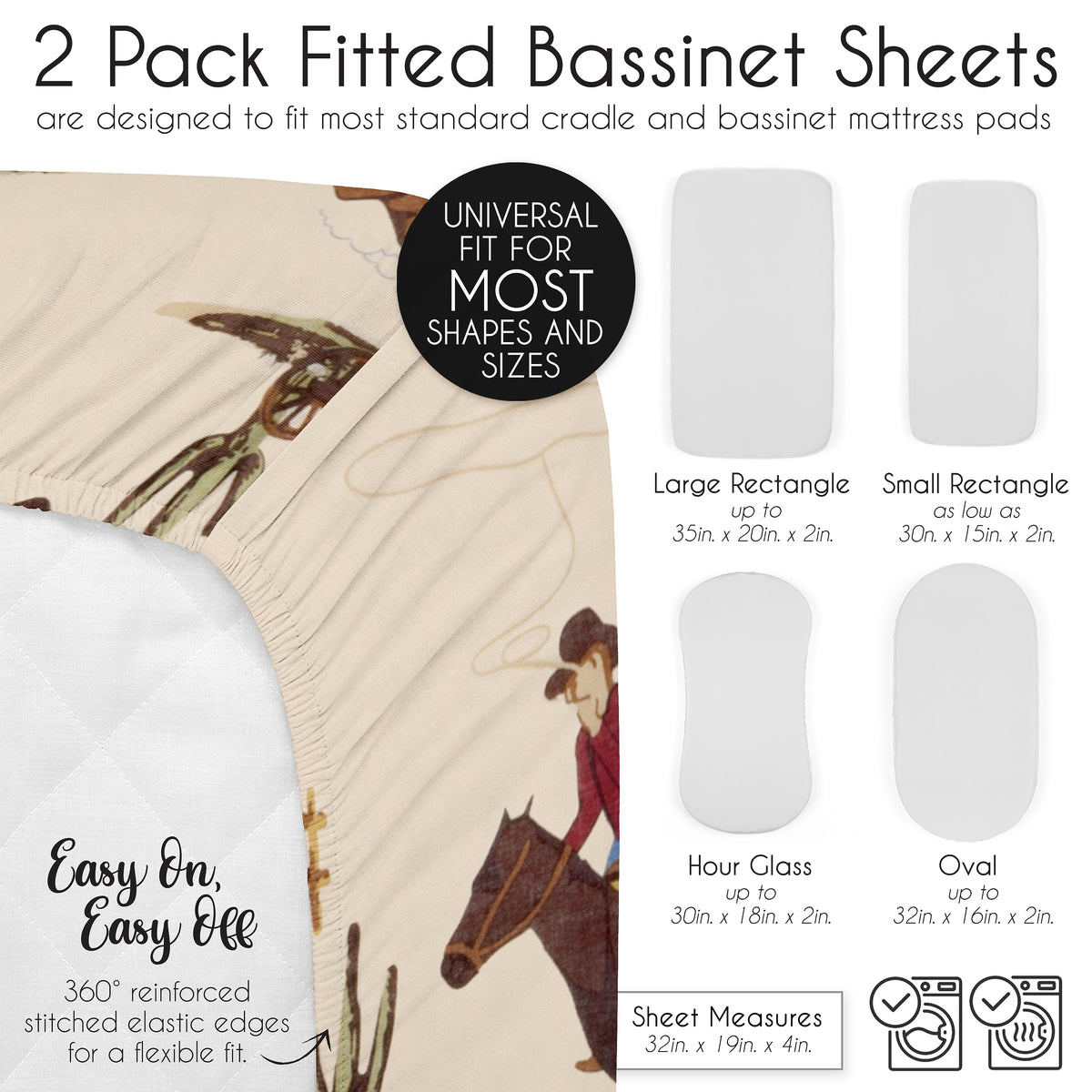 Wild West Cowboy Collection 2 Pack Baby Bassinet Fitted Sheets