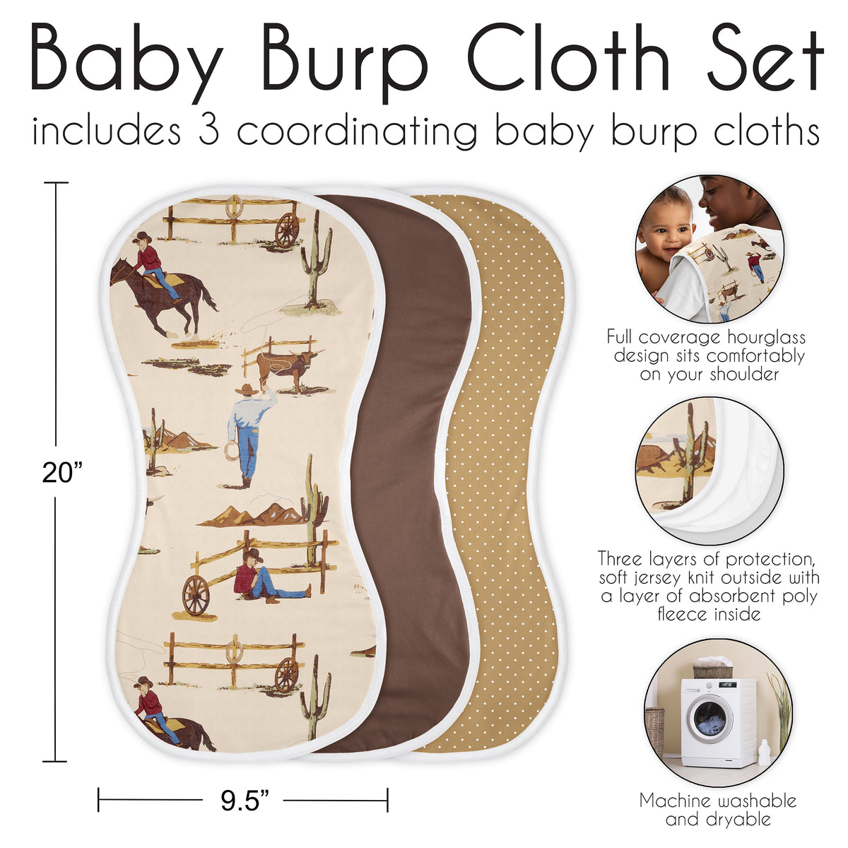 Wild West Collection Absorbent Burp Cloths - 3 Pack Set