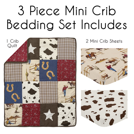 Wild West Cowboy Collection 3 Piece Mini Crib Bedding Set