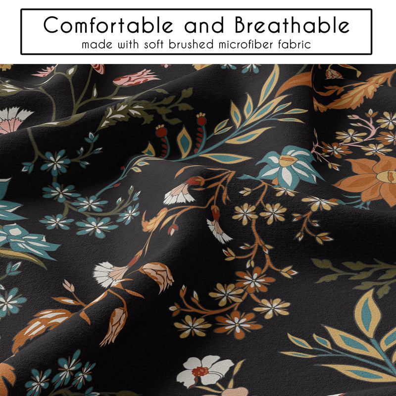 Boho Floral Wildflower Black and Orange Collection Queen Duvet Cover Bedding Set
