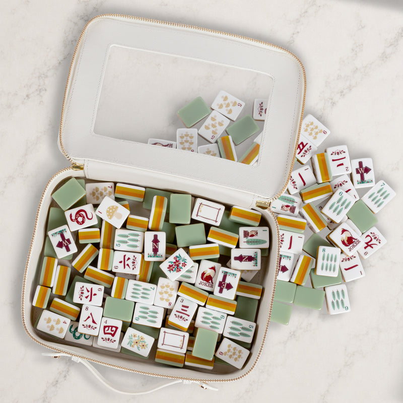 Sage Green Woodland Collection American Mahjong Tile Set (160pc) 1.24in. Layered Acrylic with White Faux Leather Travel Bag
