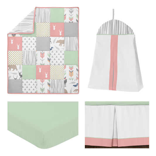 Woodsy Coral, Mint And Grey 4 Piece Bumperless Crib Bedding Collection
