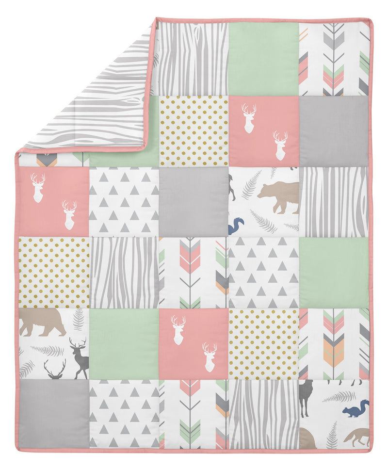 Woodsy Coral, Mint And Grey 4 Piece Bumperless Crib Bedding Collection