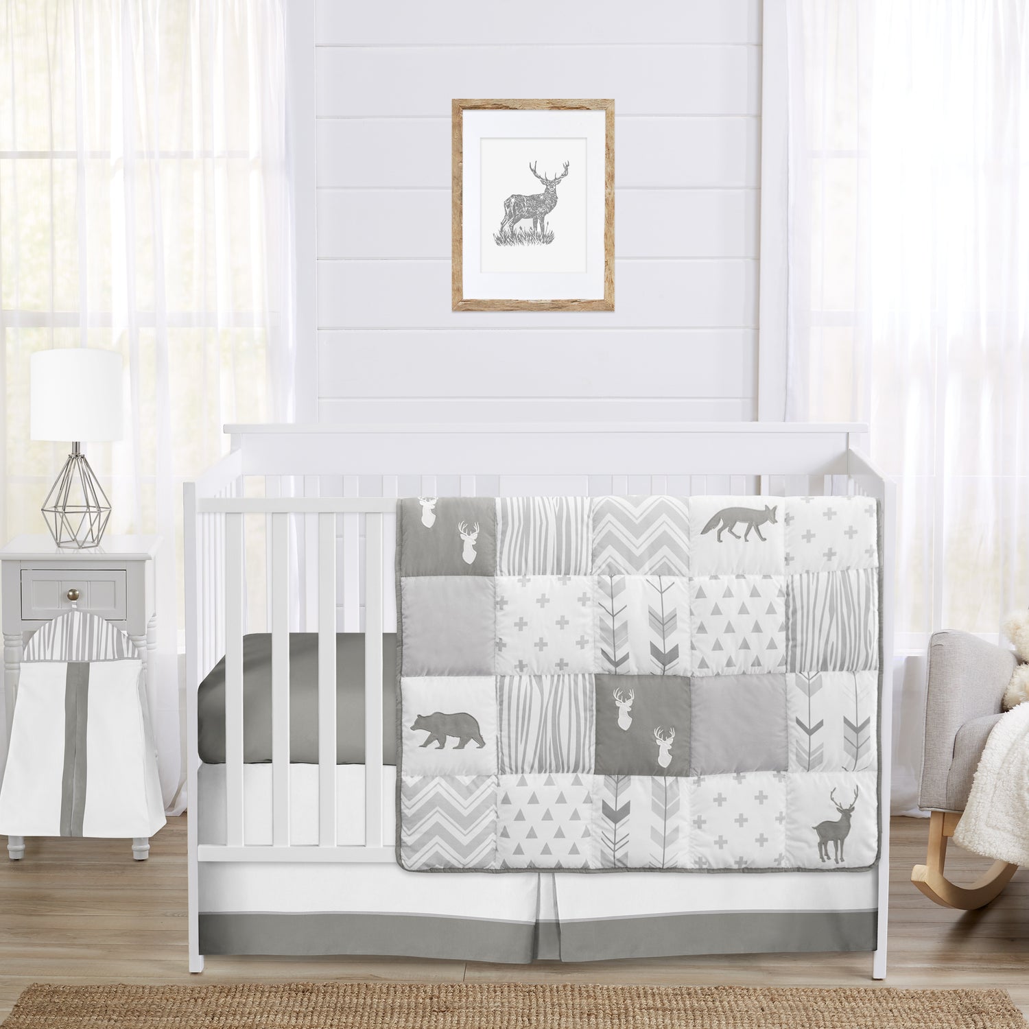 Woodsy Grey And White 4 Piece Bumperless Crib Bedding Collection