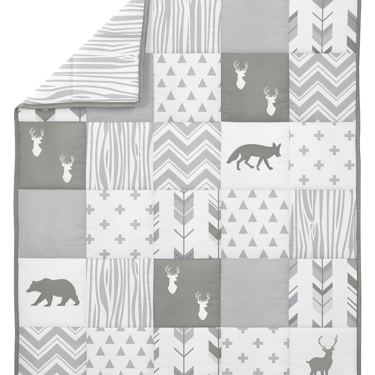 Woodsy Grey And White 4 Piece Bumperless Crib Bedding Collection