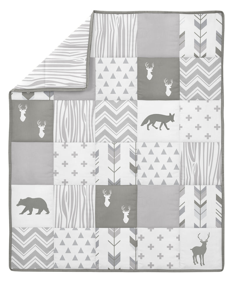 Woodsy Grey And White 4 Piece Bumperless Crib Bedding Collection
