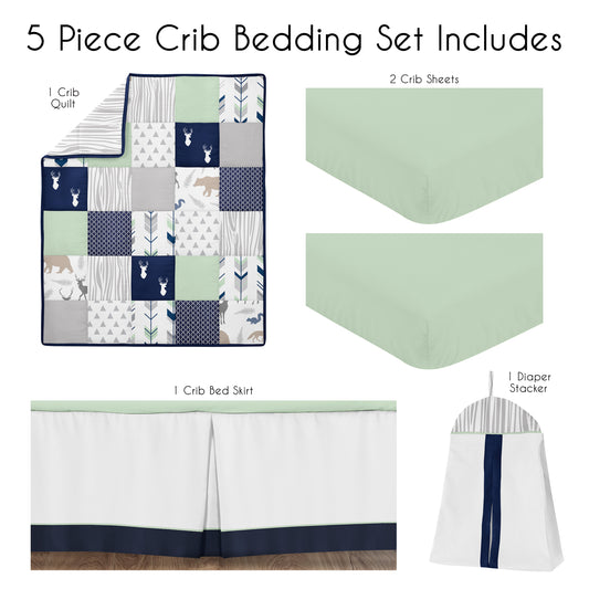 Woodsy Navy, Mint and Grey Collection 5 Piece Crib Bedding