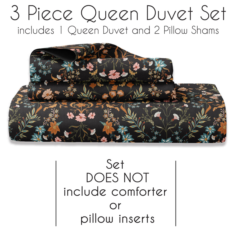 Boho Floral Wildflower Black and Orange Collection Queen Duvet Cover Bedding Set