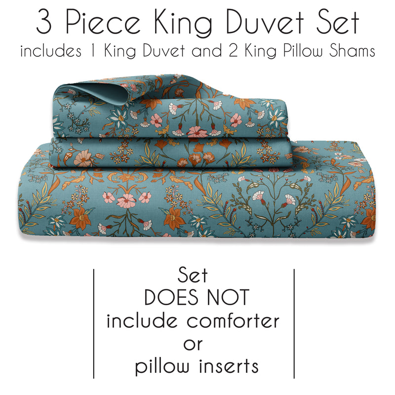 Boho Floral Wildflower Blue and Orange Collection King Duvet Cover Bedding Set