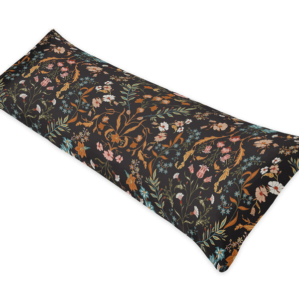 Boho Floral Wildflower Black and Orange Collection Full Length Body Pillow Cover alternate view