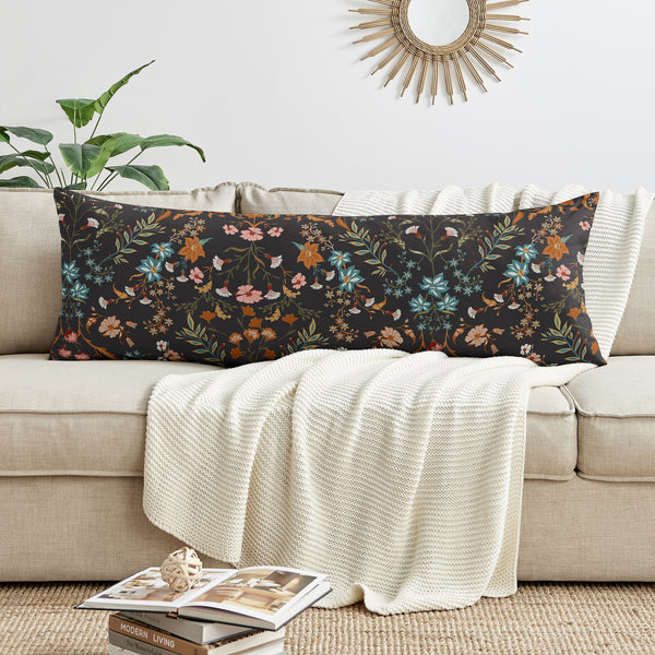 Boho Floral Wildflower Black and Orange Collection Full Length Body Pillow Cover