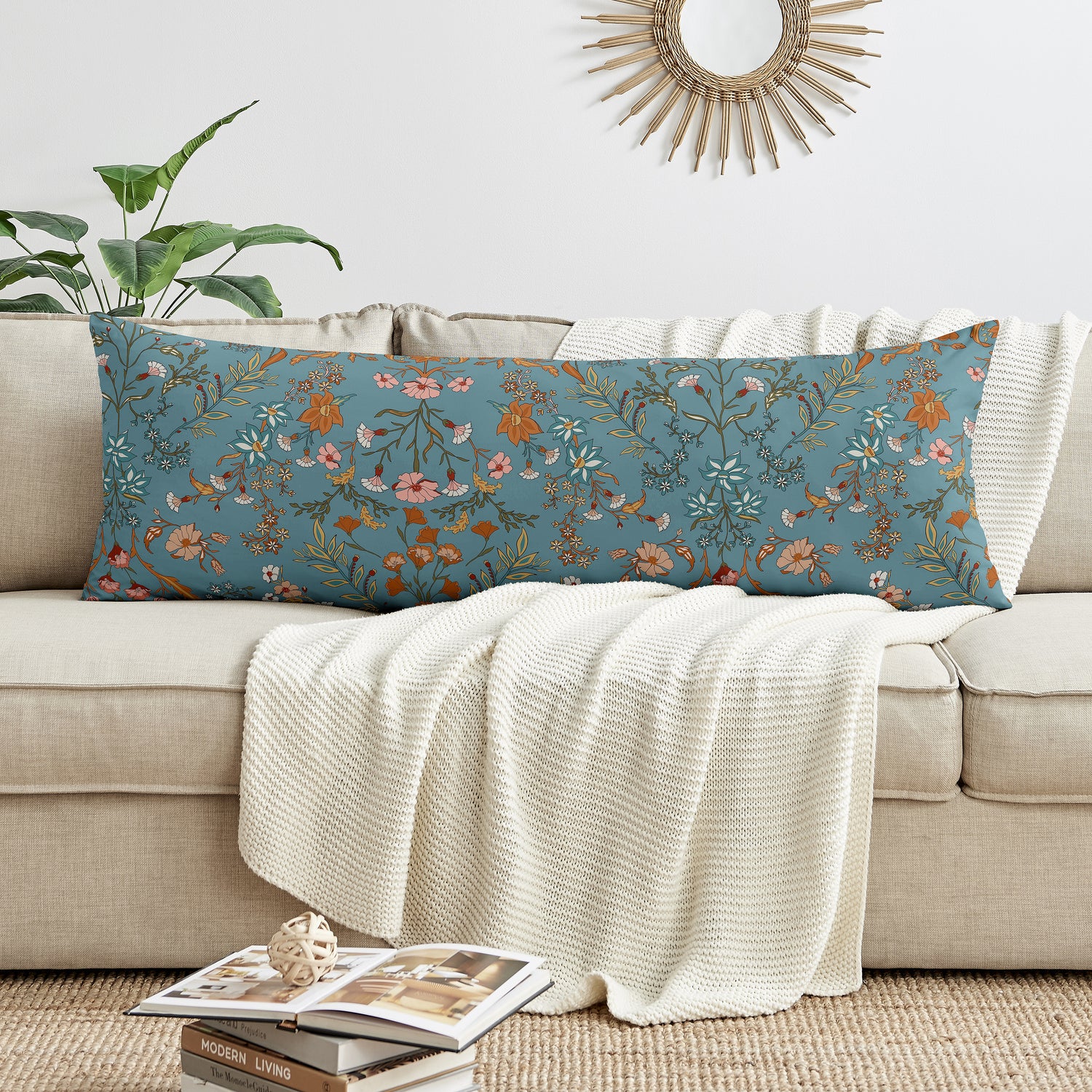 Boho Floral Wildflower Blue and Orange Collection Full Length Body Pillow Cover
