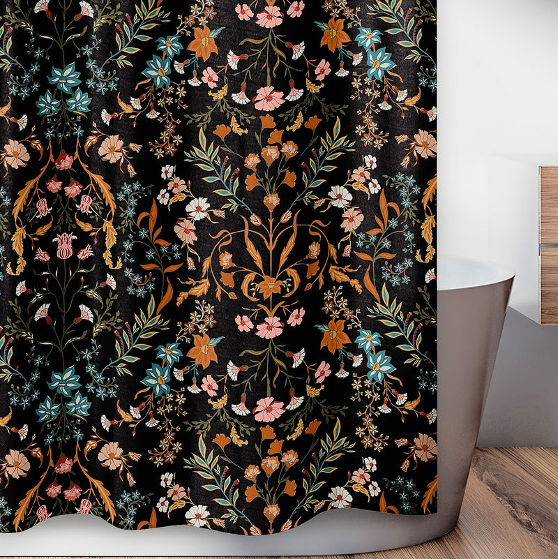 Boho Floral Wildflower Black and Orange Collection Shower Curtain