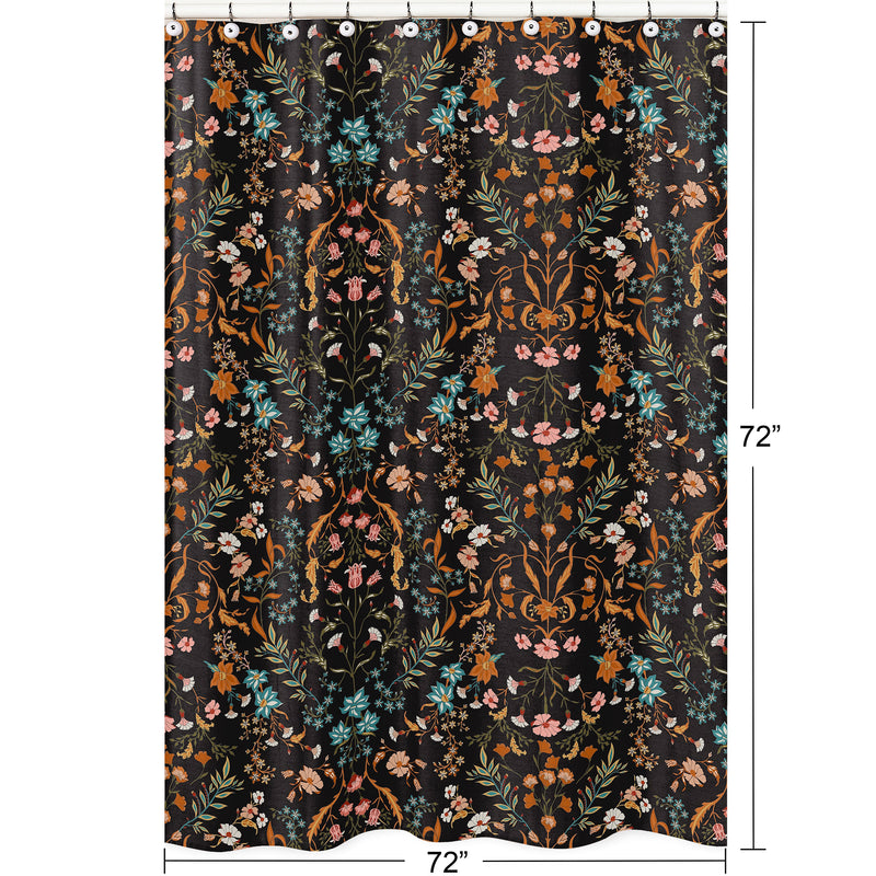 Boho Floral Wildflower Black and Orange Collection Shower Curtain