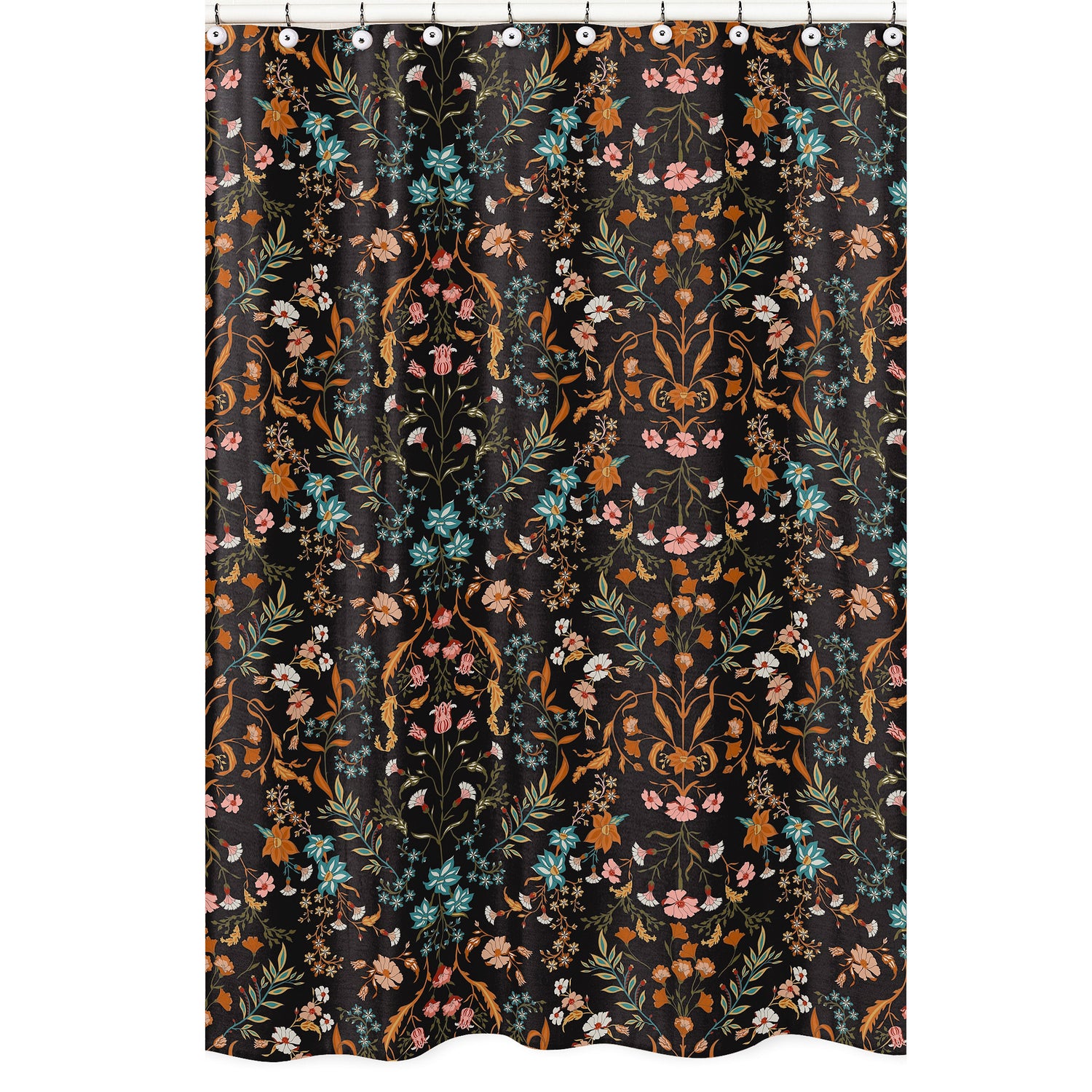 Boho Floral Wildflower Black and Orange Collection Shower Curtain