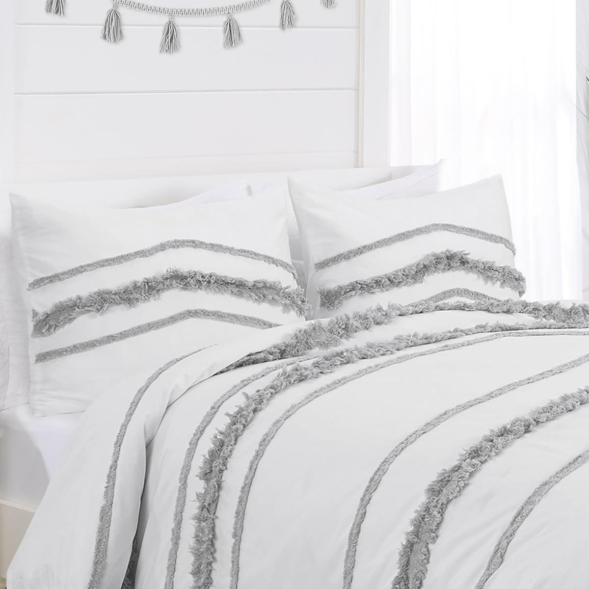 Boho Fringe White and Grey Collection Tufted Pillow Sham Covers - 2 Pack Set