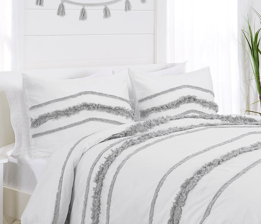 Boho Fringe White and Grey Collection Tufted Pillow Sham Covers - 2 Pack Set