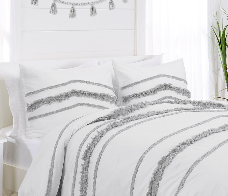 Boho Fringe White and Grey Collection Tufted Pillow Sham Covers - 2 Pack Set