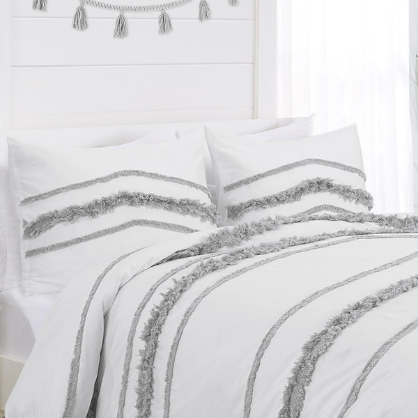 Boho Fringe White and Grey Collection Tufted Pillow Sham Covers - 2 Pack Set alternate view
