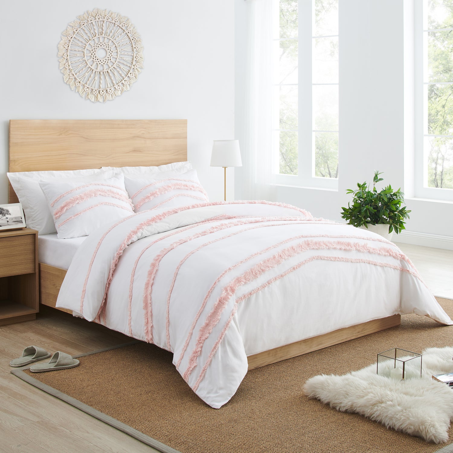 Boho Fringe White and Pink Collection King Duvet Cover Bedding Set