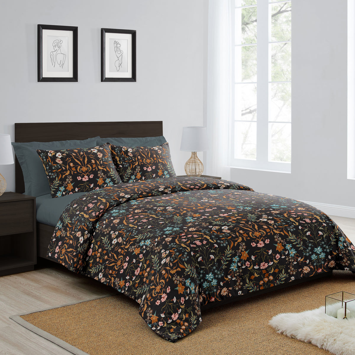 Boho Floral Wildflower Black and Orange Collection Twin Duvet Cover Bedding Set