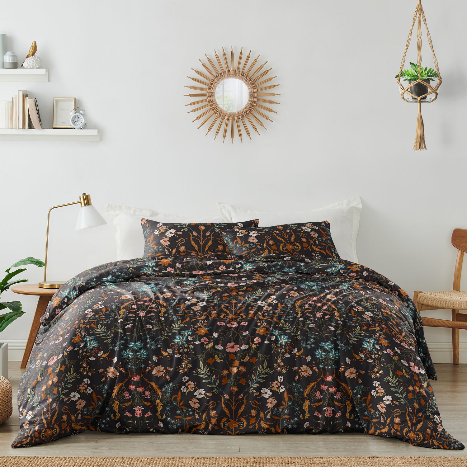Boho Floral Wildflower Black and Orange Collection Queen Duvet Cover Bedding Set