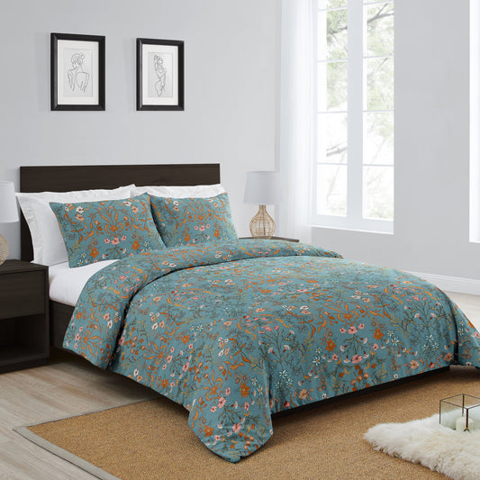 Boho Floral Wildflower Blue and Orange Collection King Duvet Cover Bedding Set